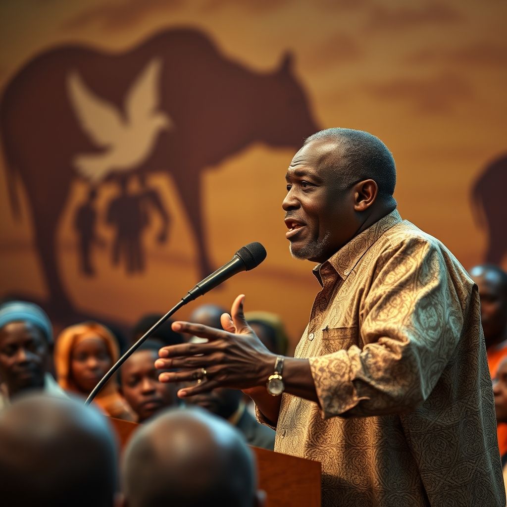 Le Dr Mukwege s'exprimant devant un public sérieux, fond d'images évoquant la paix en Afrique de l'Est, ambiance grave et engagée.